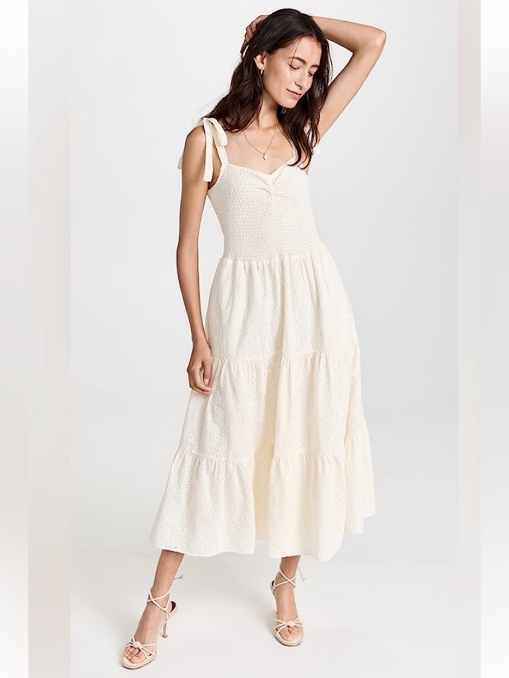 Madewell Women's Cream Eyelet Midi Dress with Tie Straps size L